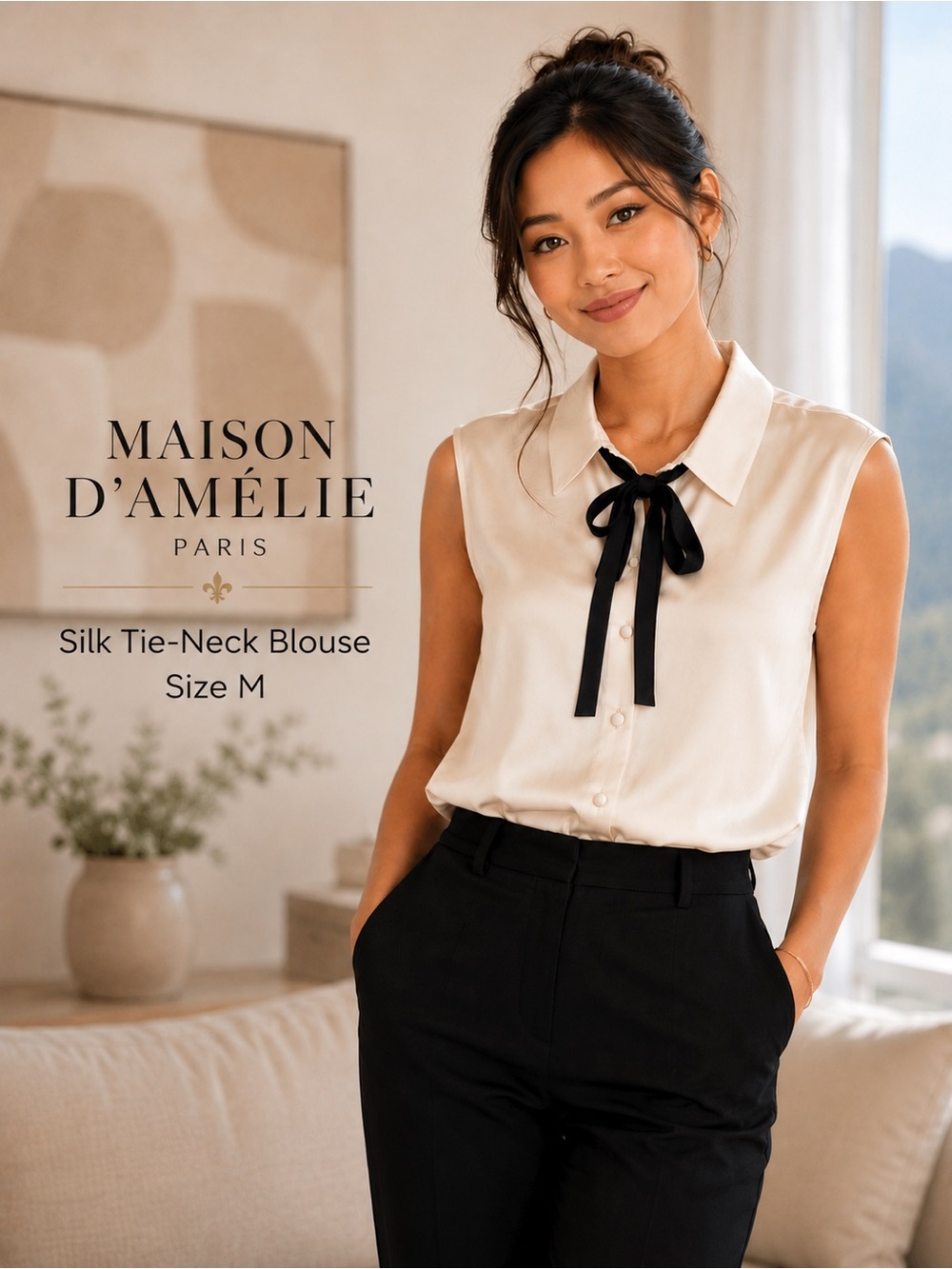 Maison d’Amélie Paris Ivory Satin Tie-Neck Sleeveless Blouse Bow Top Medium